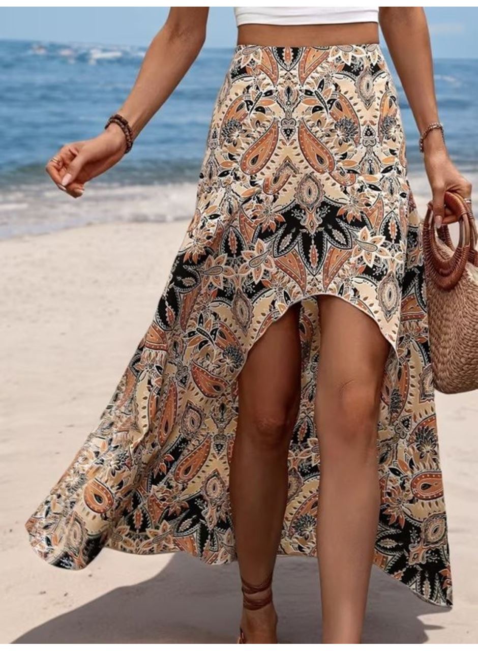 Kadın Yüksek Bel çiçek Desenli önü Asimetrik Detaylı Uzun Süprem Etek