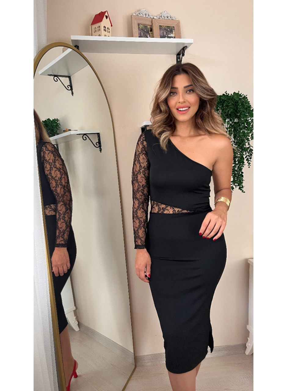 Kadın Siyah Tek Kol Dantel Detay Omuz Dekolte Krep Elbise