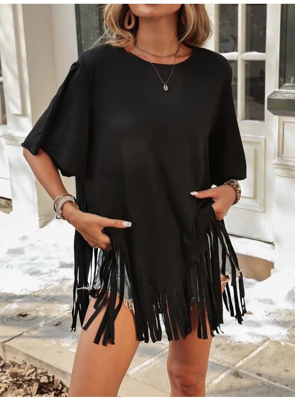 Kadın Kısa Kollu Bisiklet Yaka Püsküllü Viskon Bluz