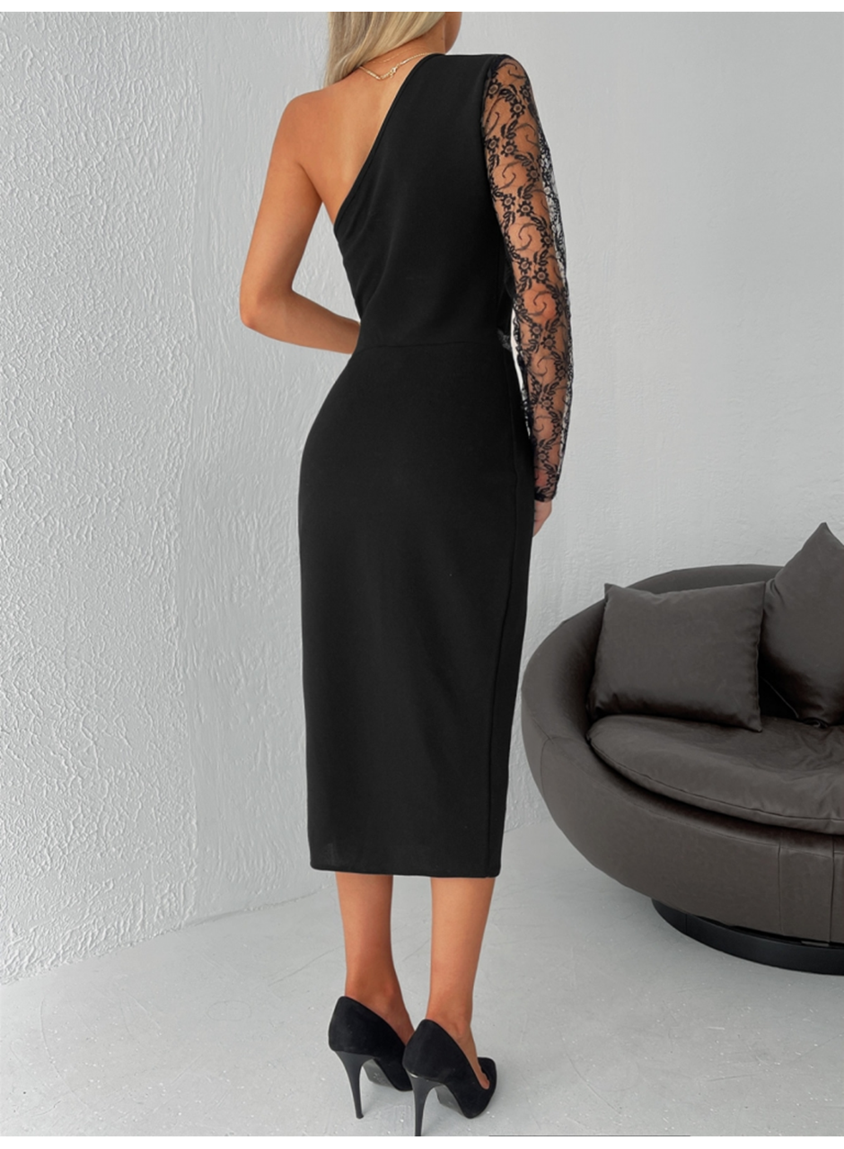 Kadın Siyah Tek Kol Dantel Detay Omuz Dekolte Krep Elbise