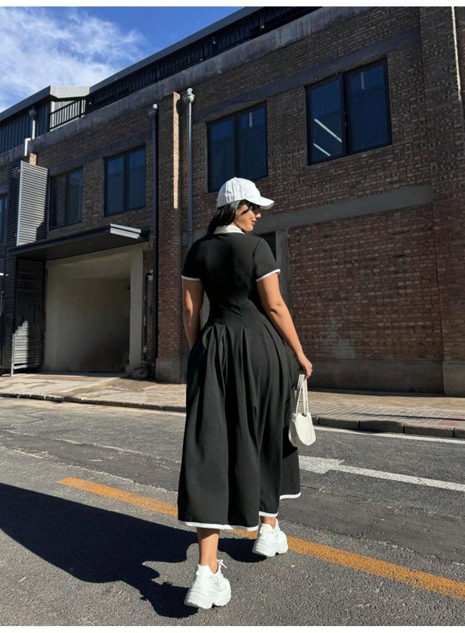 Kadın Kısa Kollu V Yakalı Pileli Uzun Janjan Krep Elbise