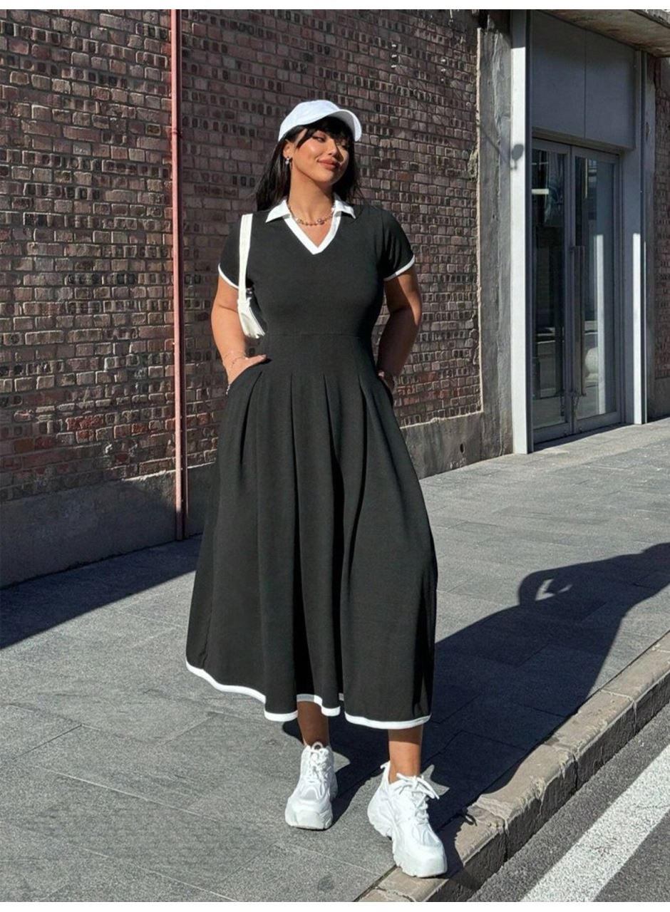 Kadın Kısa Kollu V Yakalı Pileli Uzun Janjan Krep Elbise