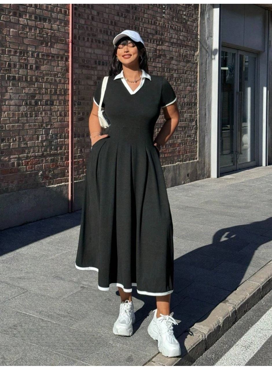 Kadın Kısa Kollu V Yakalı Pileli Uzun Janjan Krep Elbise