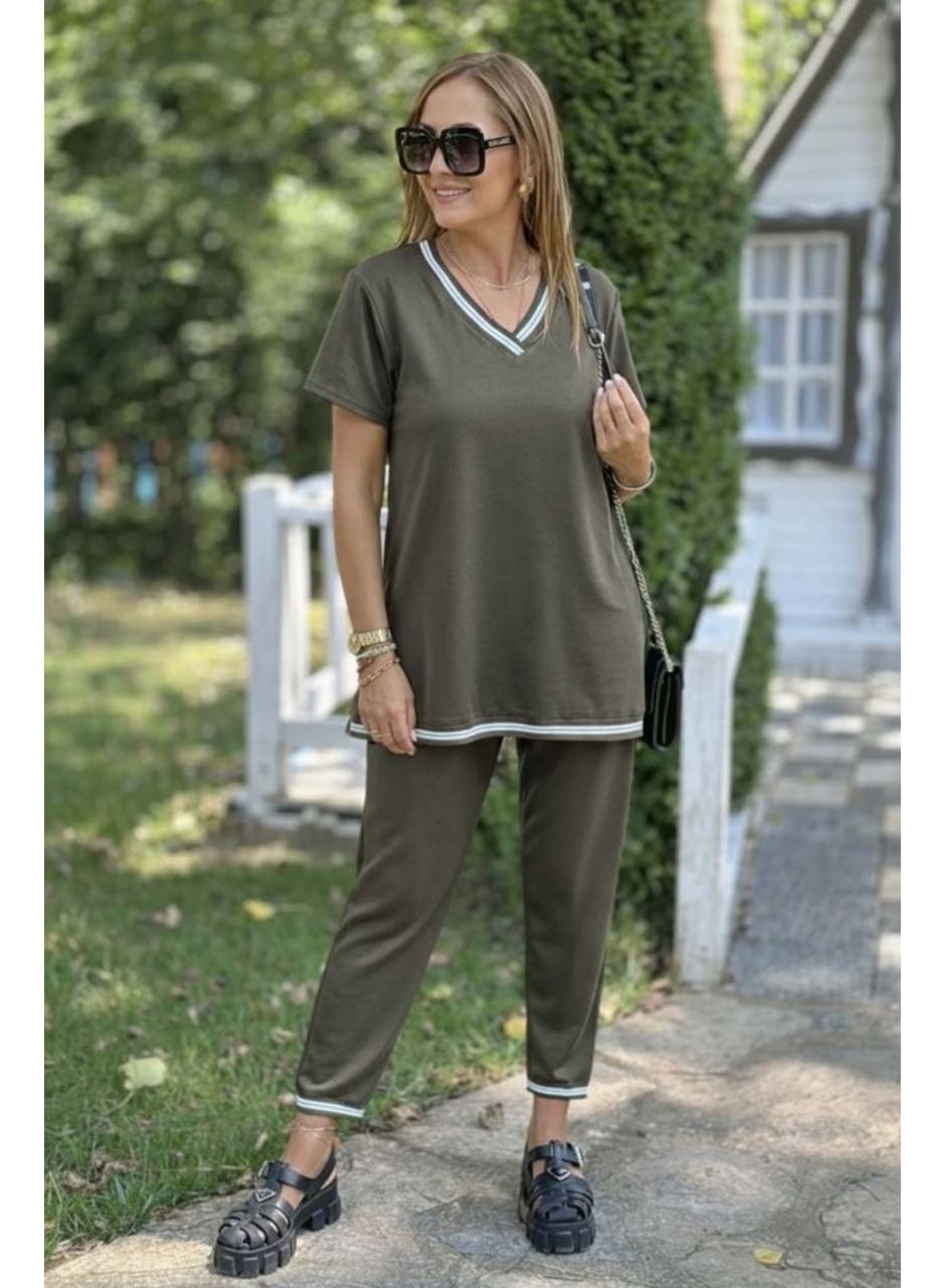 Kadın Kısa Kollu V Yakalı Iki Iplik Bluz Ve Pantolon Ikili Takım