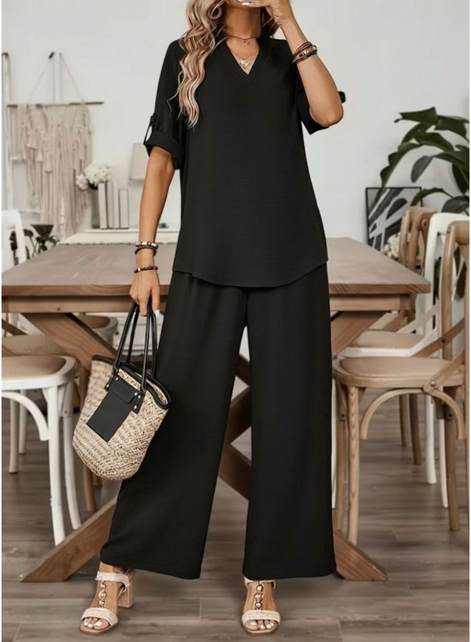 Kadın Kısa Kollu V Yakalı Aerobin Bluz Ve Pantolon Ikili Takım