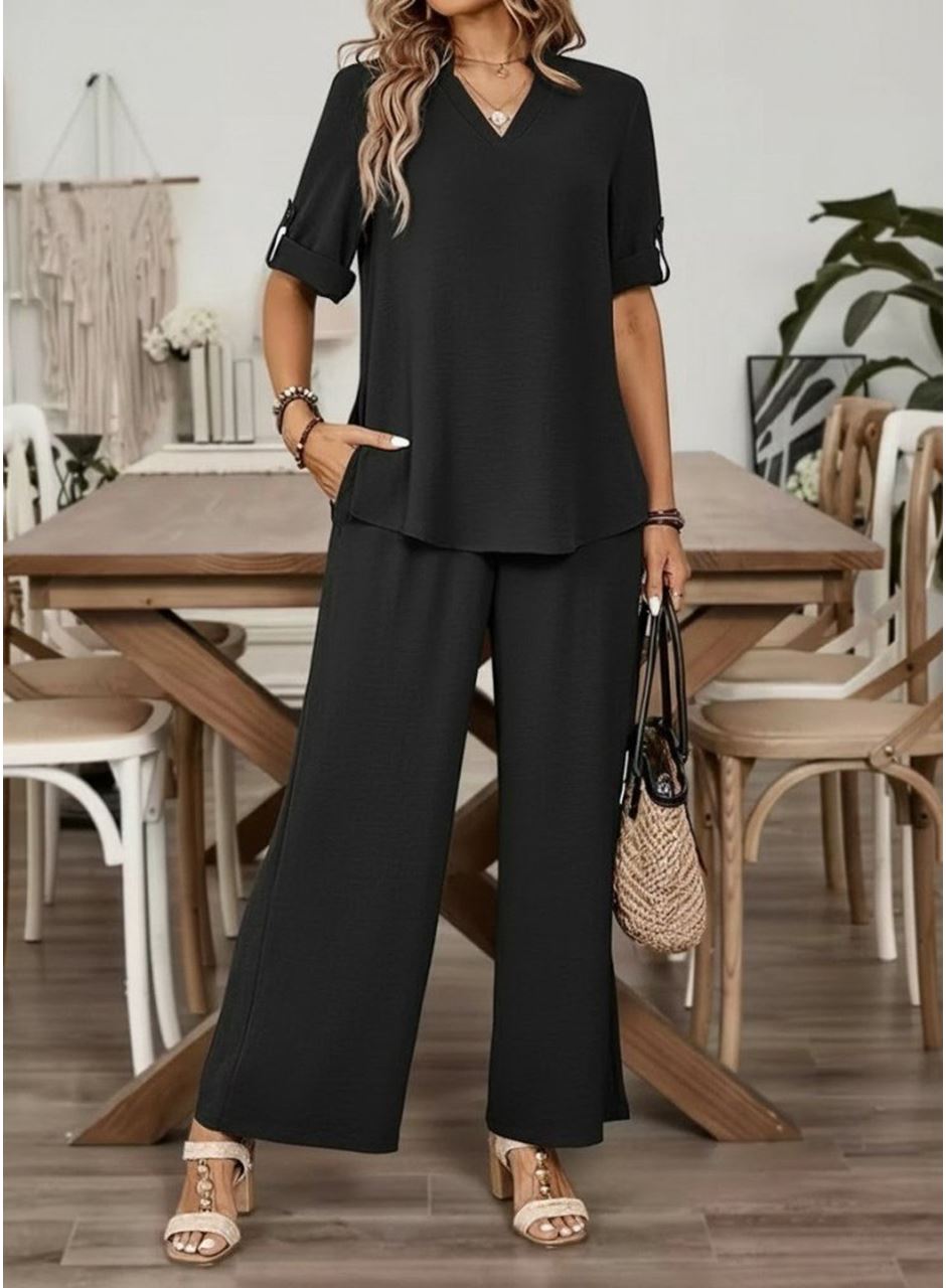 Kadın Kısa Kollu V Yakalı Aerobin Bluz Ve Pantolon Ikili Takım