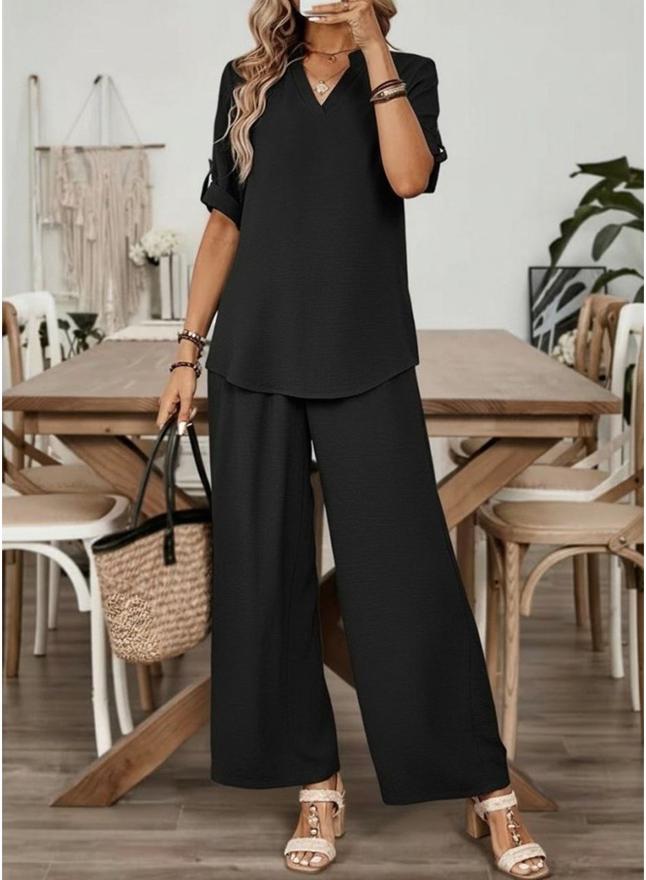 Kadın Kısa Kollu V Yakalı Aerobin Bluz Ve Pantolon Ikili Takım