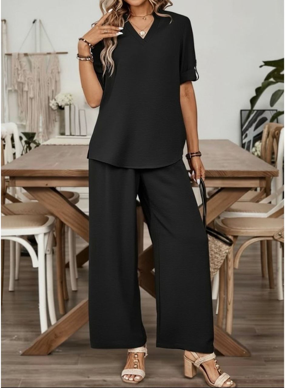 Kadın Kısa Kollu V Yakalı Aerobin Bluz Ve Pantolon Ikili Takım