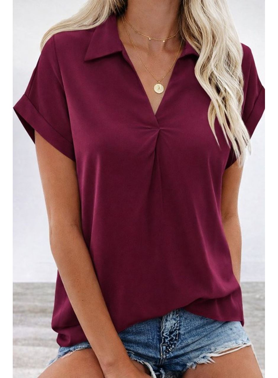 Kadın Kısa Kollu Yakalı Dokuma Viskon Bluz