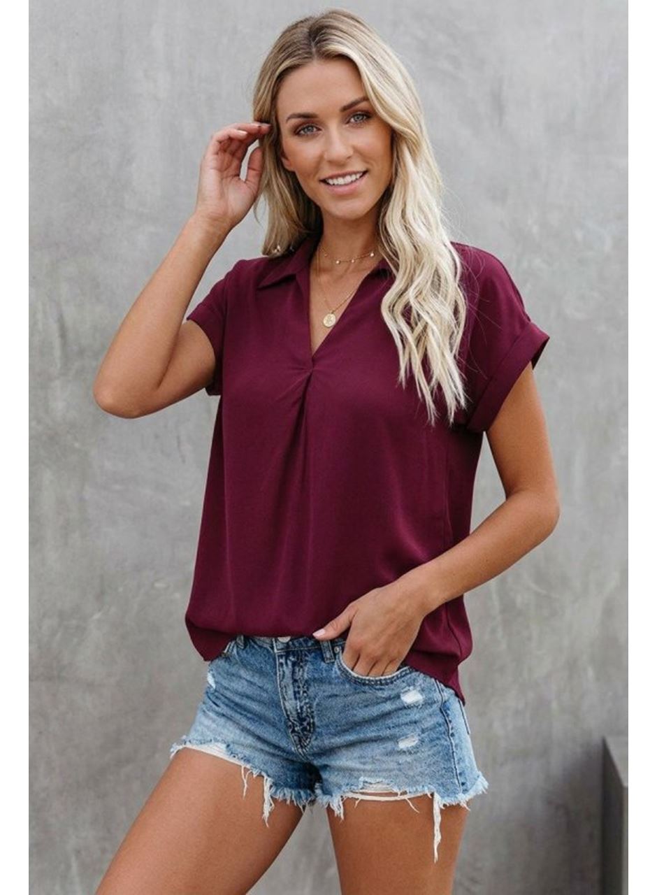 Kadın Kısa Kollu Yakalı Dokuma Viskon Bluz