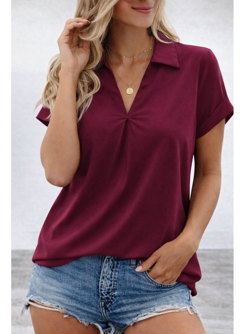 Kadın Kısa Kollu Yakalı Dokuma Viskon Bluz