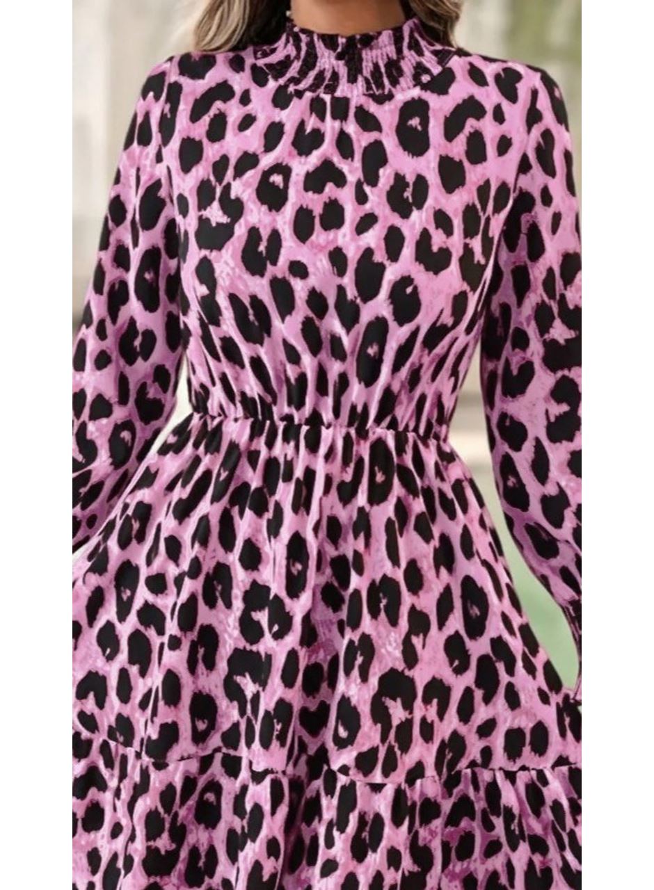 Kadın Uzun Kollu Yarı Balıkçı Yaka Leopar Desenli Modal Mini Elbise