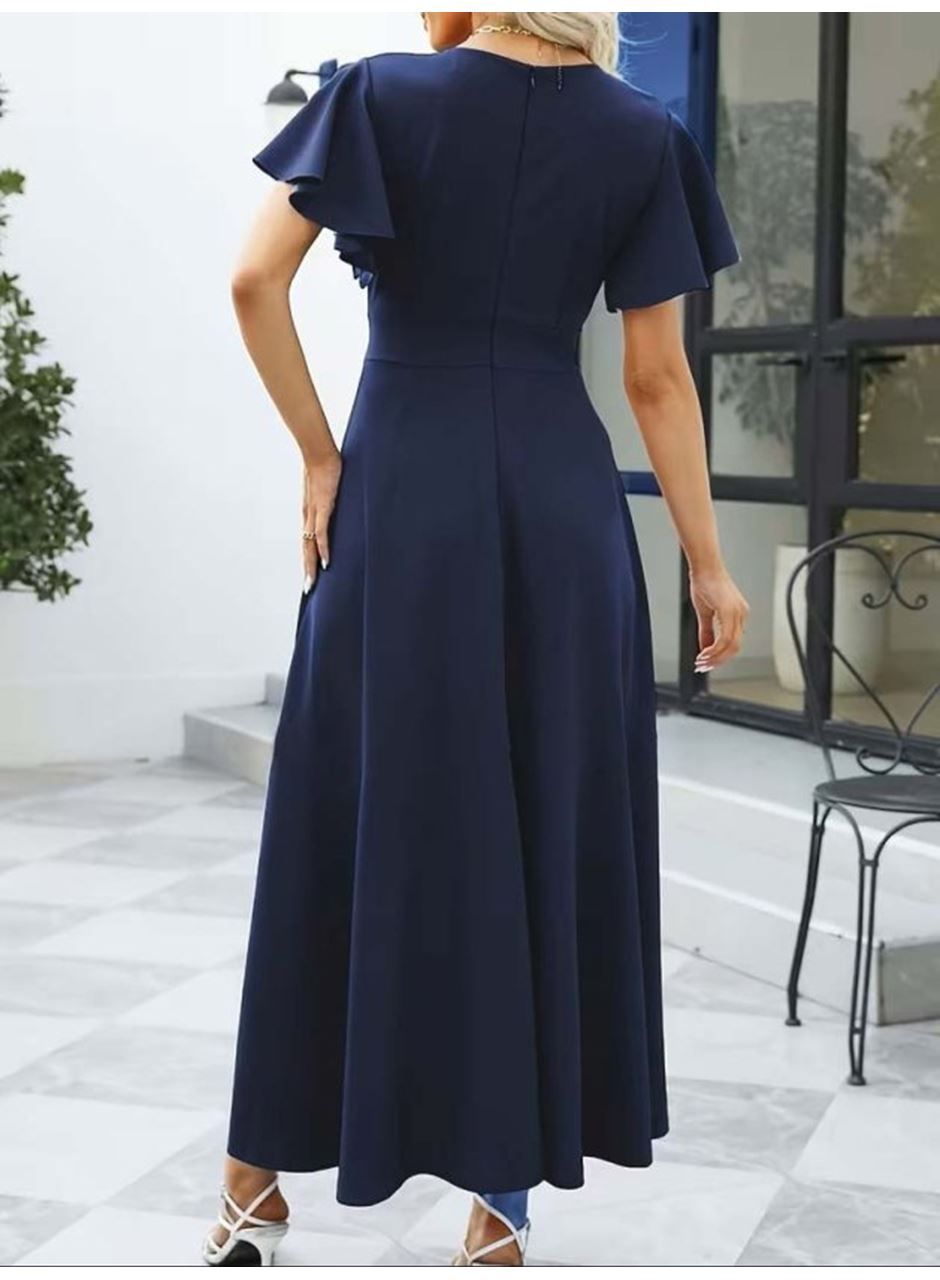 Kadın Kısa Kollu Kruvaze Yakalı ön Asimetrik Volanlı Uzun Ithal Krep Elbise