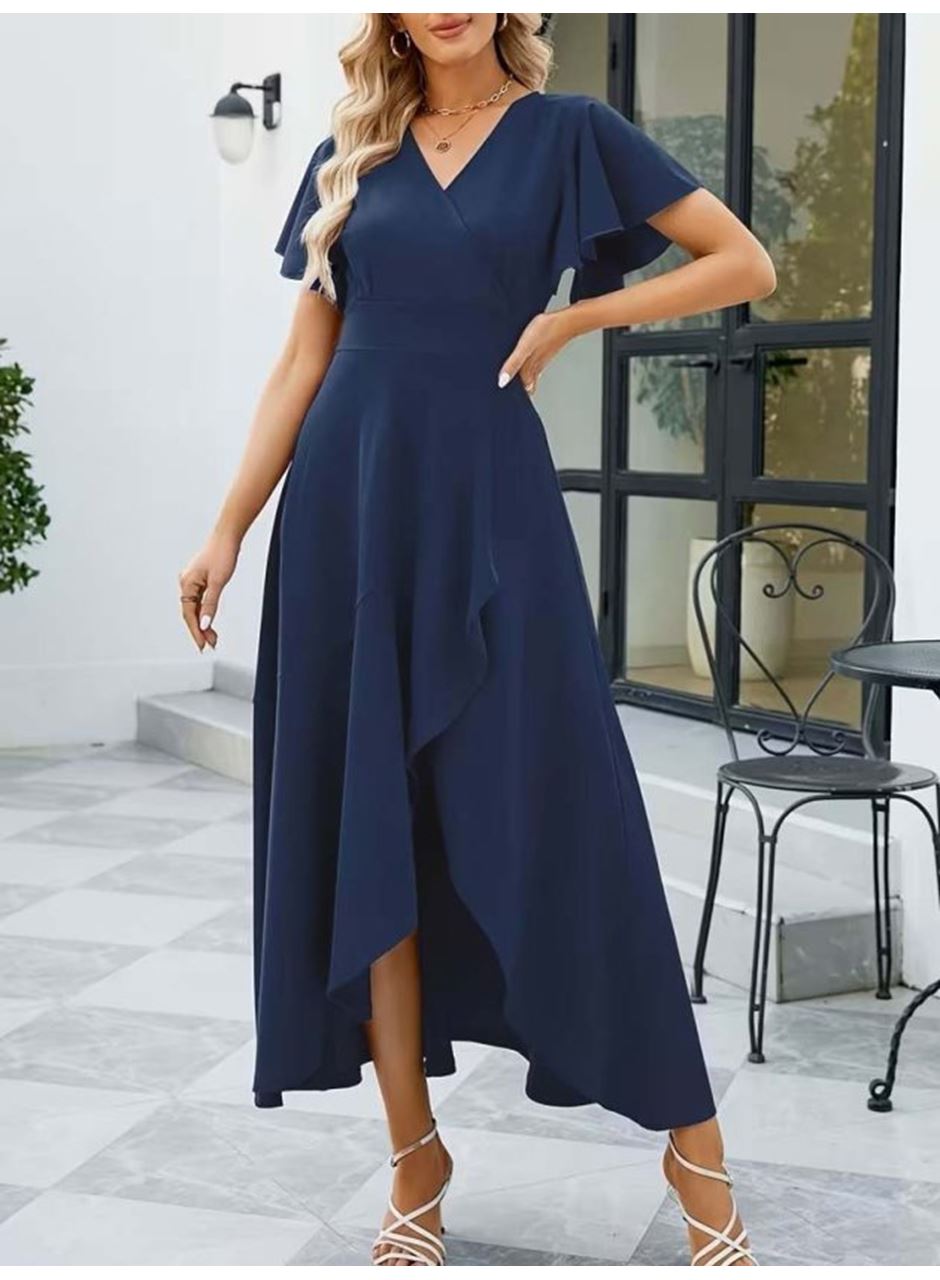 Kadın Kısa Kollu Kruvaze Yakalı ön Asimetrik Volanlı Uzun Ithal Krep Elbise