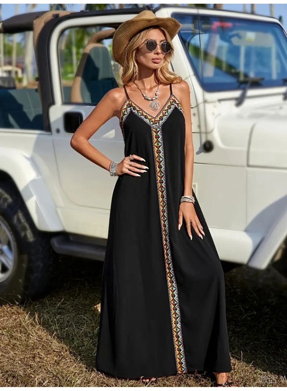 Kadın Askılı V Yakalı Etnik şerit Detaylı Uzun Viskon Elbise