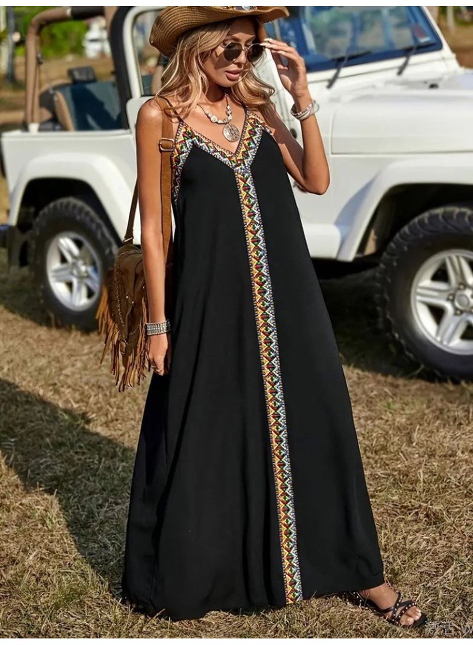 Kadın Askılı V Yakalı Etnik şerit Detaylı Uzun Viskon Elbise