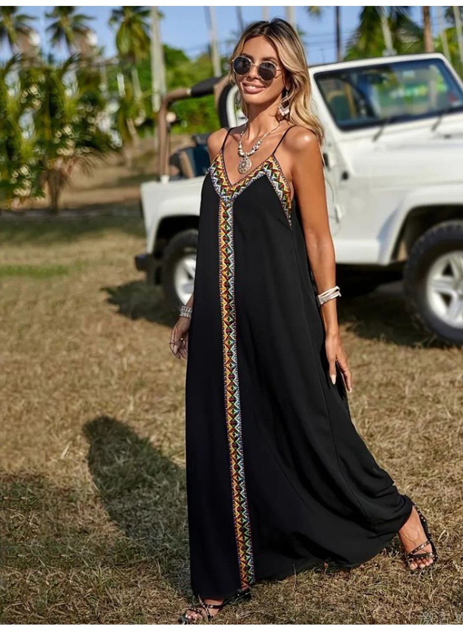 Kadın Askılı V Yakalı Etnik şerit Detaylı Uzun Viskon Elbise