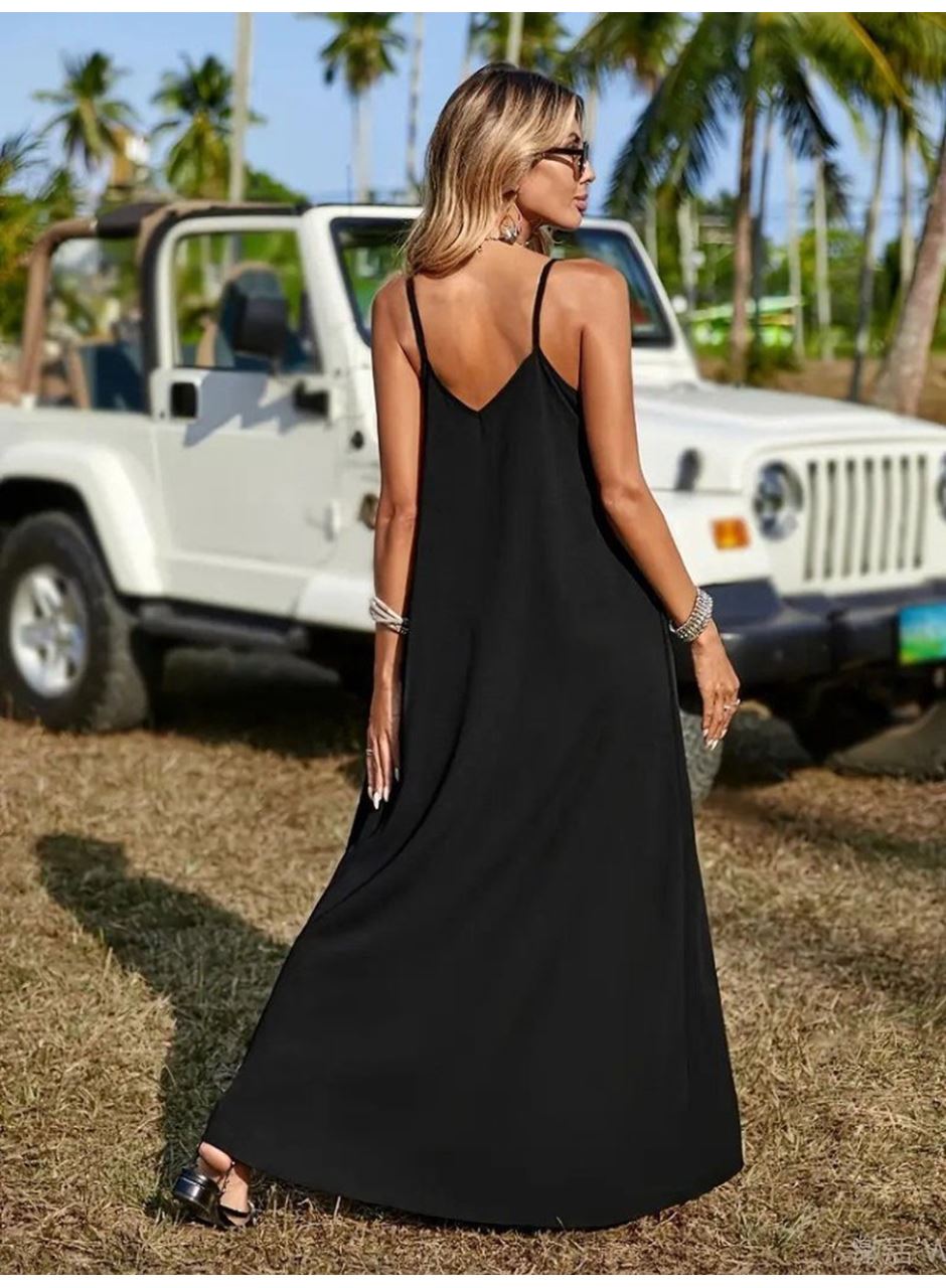 Kadın Askılı V Yakalı Etnik şerit Detaylı Uzun Viskon Elbise