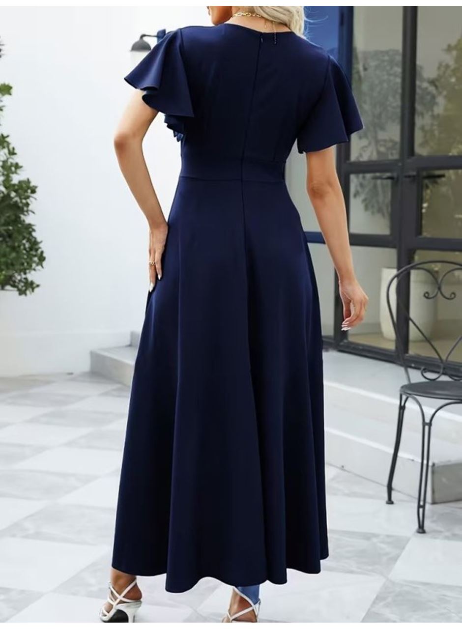 Kadın Kısa Kollu Kruvaze Yakalı ön Asimetrik Volanlı Uzun Ithal Krep Elbise