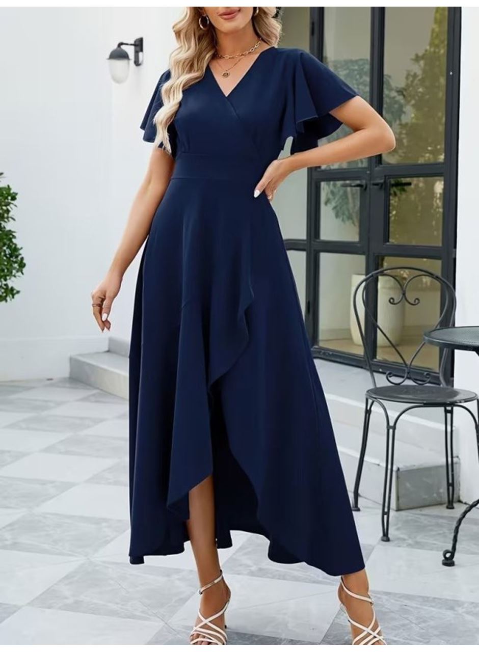 Kadın Kısa Kollu Kruvaze Yakalı ön Asimetrik Volanlı Uzun Ithal Krep Elbise