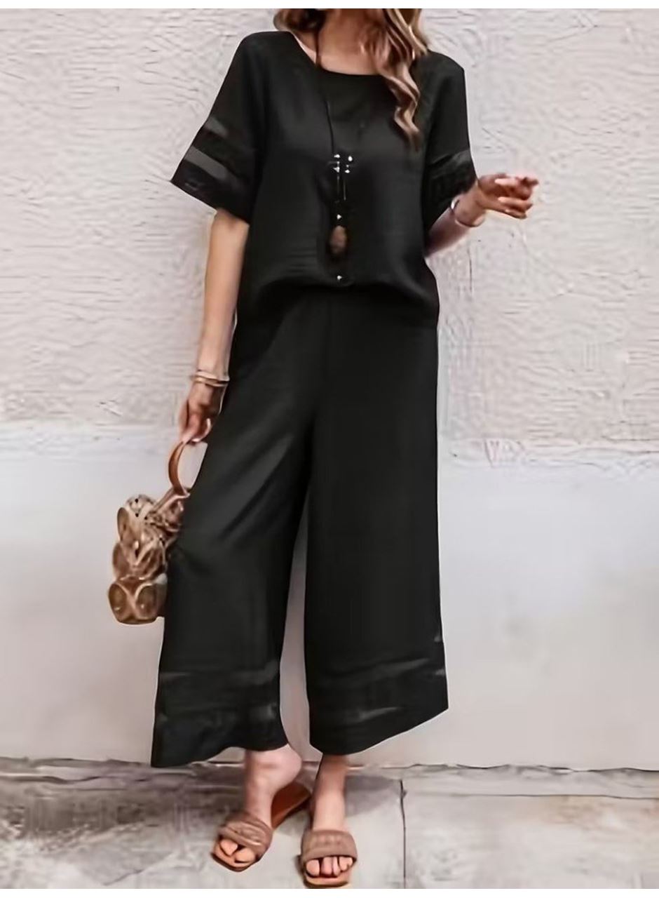 Kadın Kısa Kollu Bisiklet Yakalı Tül şerit Detaylı Bluz Ve Pantolon Ikili Takım