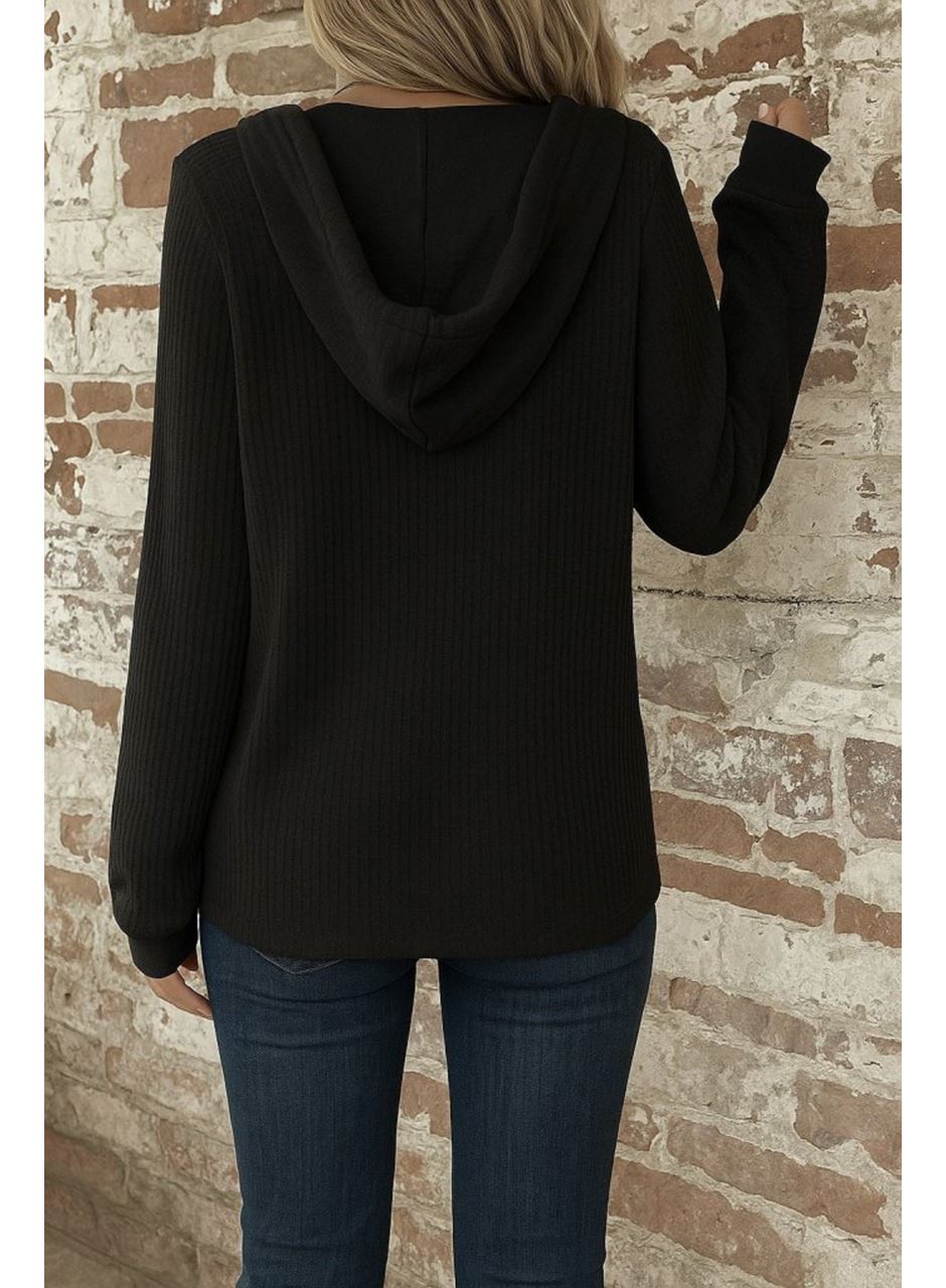 Kadın Uzun Kollu Kapşonlu önü Düğmeli Ve Bağcıklı Waffle Bluz