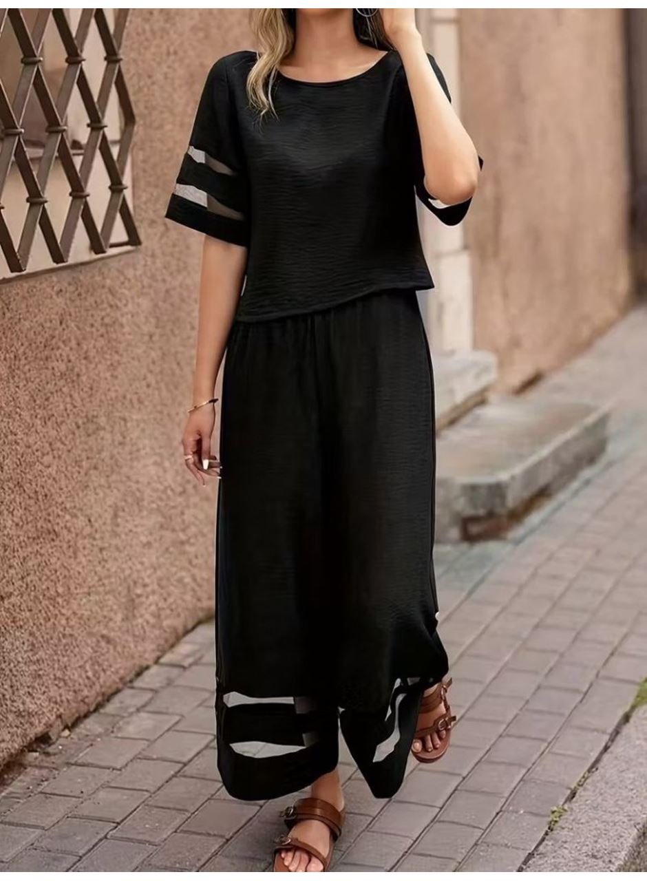 Kadın Kısa Kollu Bisiklet Yakalı Tül şerit Detaylı Bluz Ve Pantolon Ikili Takım