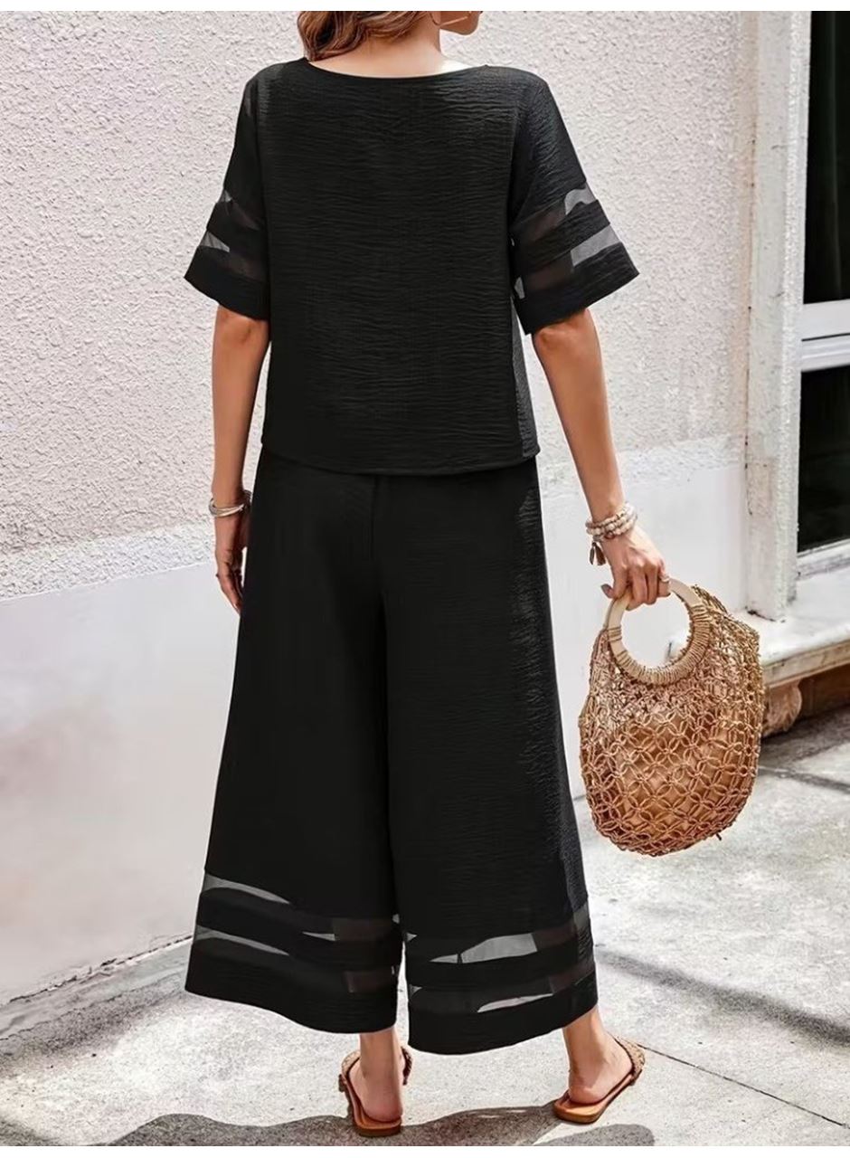 Kadın Kısa Kollu Bisiklet Yakalı Tül şerit Detaylı Bluz Ve Pantolon Ikili Takım