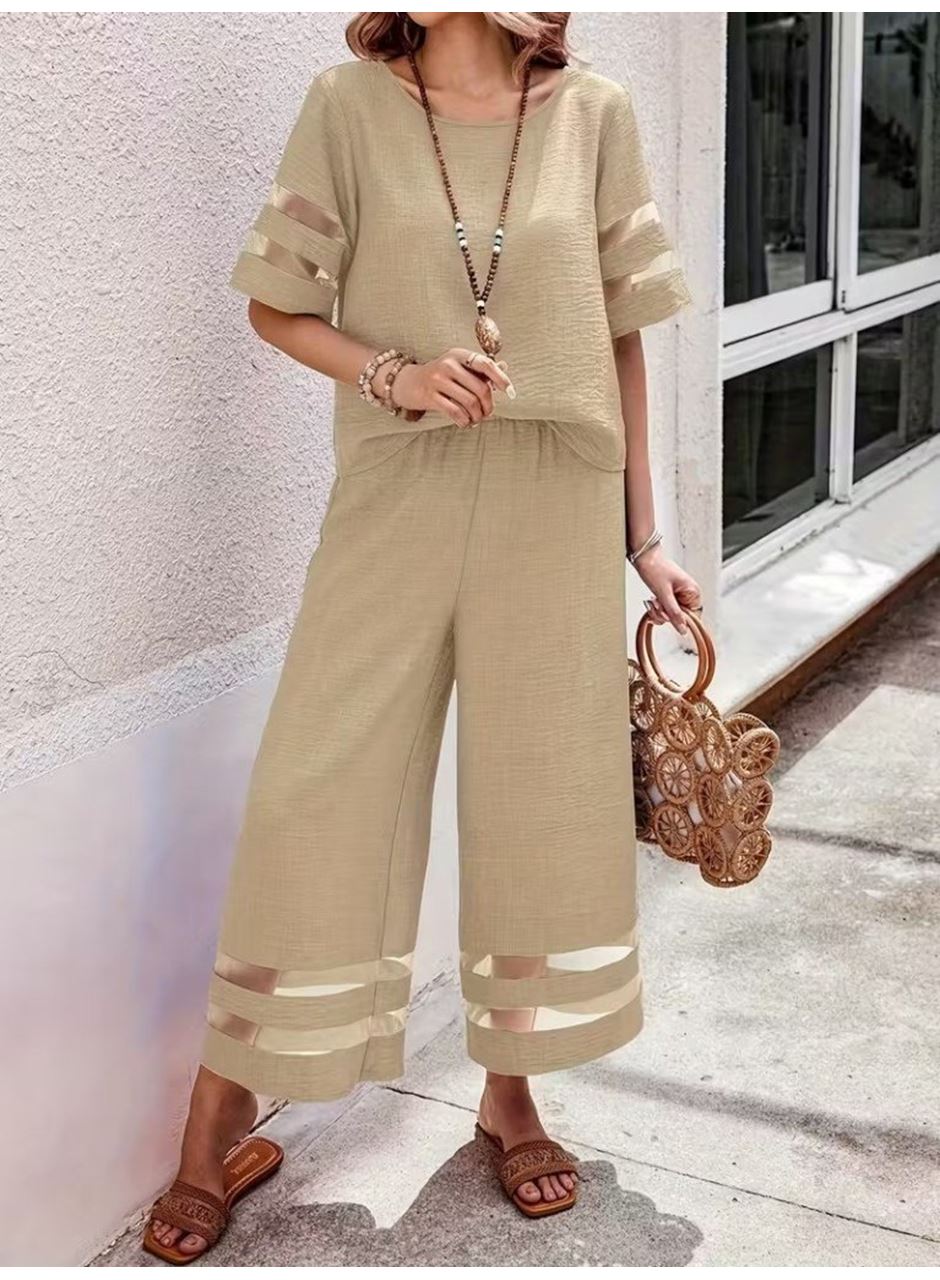 Kadın Kısa Kollu Bisiklet Yakalı Tül şerit Detaylı Bluz Ve Pantolon Ikili Takım