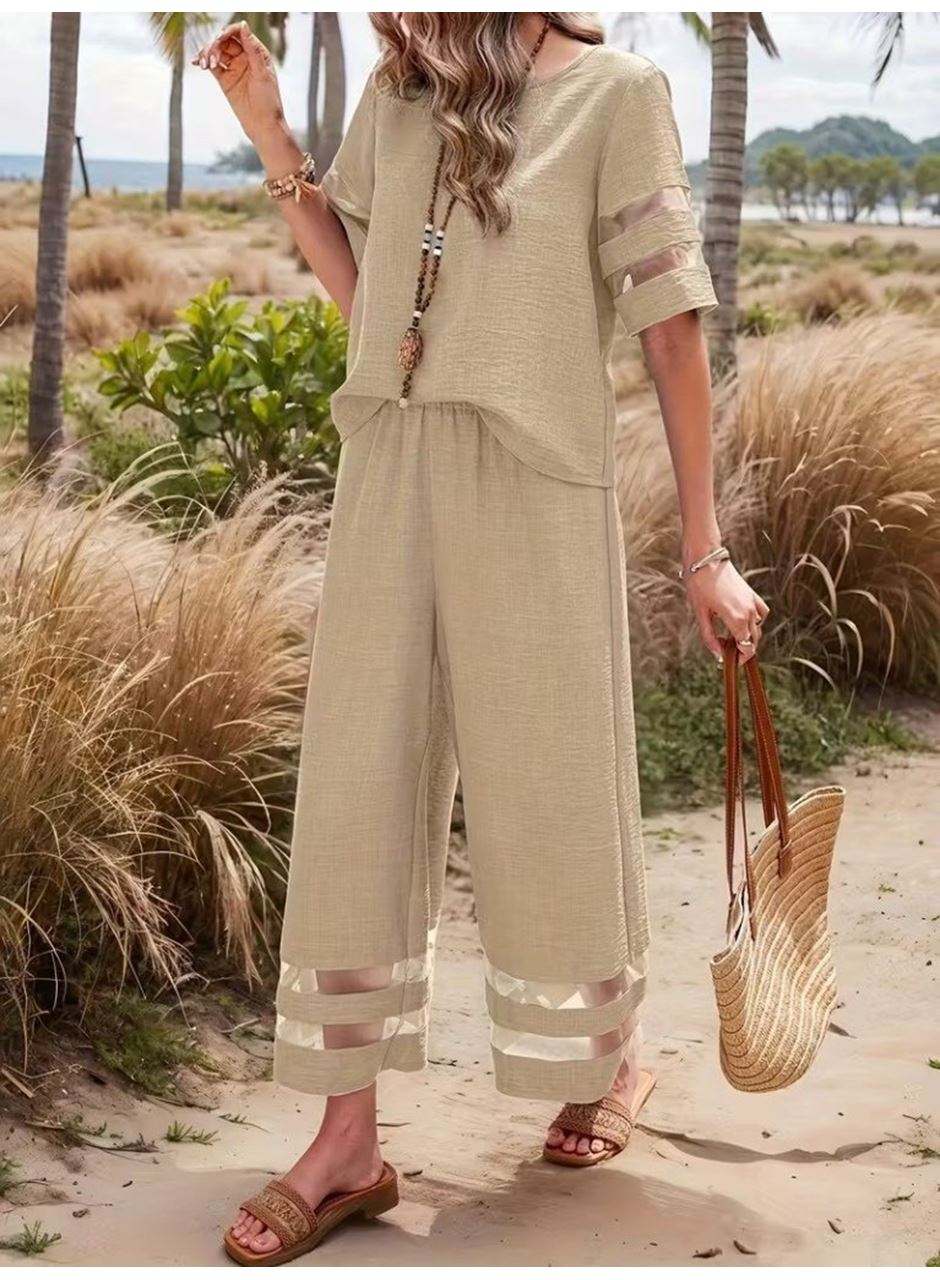 Kadın Kısa Kollu Bisiklet Yakalı Tül şerit Detaylı Bluz Ve Pantolon Ikili Takım