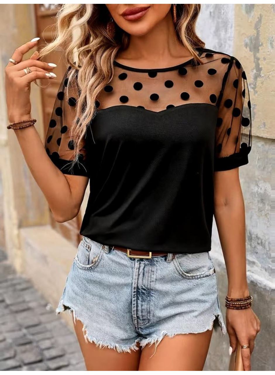 Kadın Kısa Kollu Bisiklet Yakalı Kolları Puantiyeli Viskon Bluz