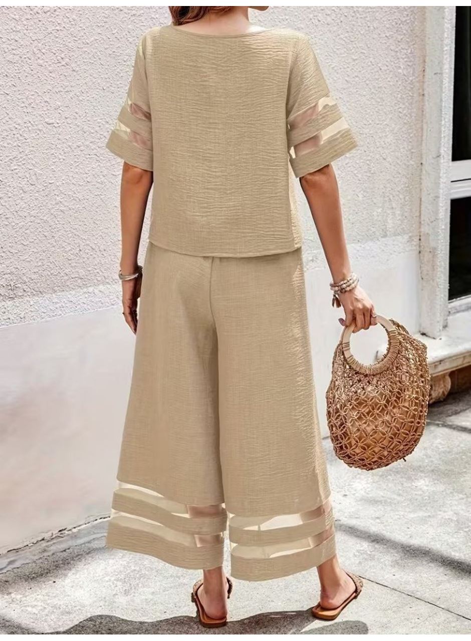 Kadın Kısa Kollu Bisiklet Yakalı Tül şerit Detaylı Bluz Ve Pantolon Ikili Takım