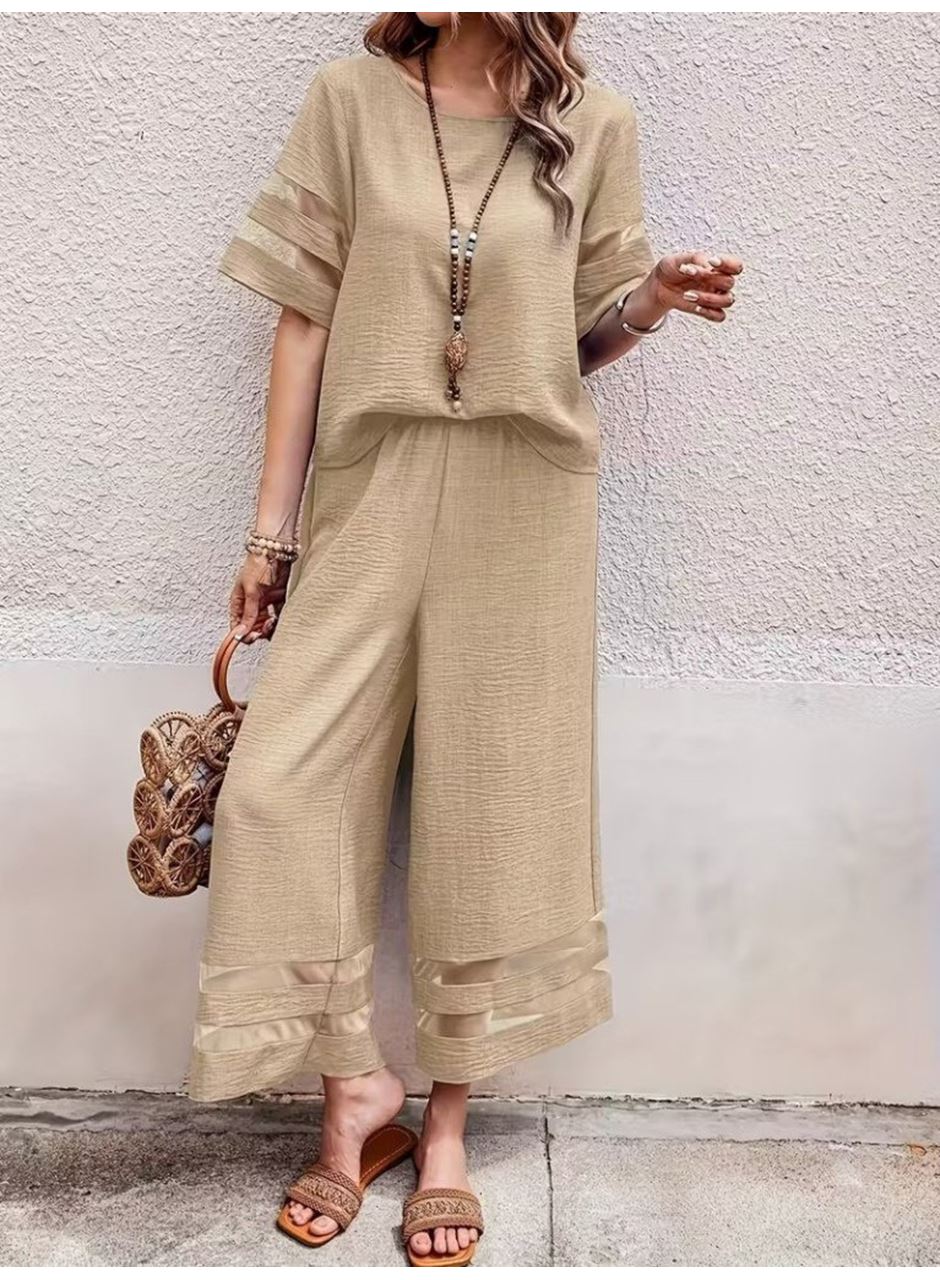 Kadın Kısa Kollu Bisiklet Yakalı Tül şerit Detaylı Bluz Ve Pantolon Ikili Takım