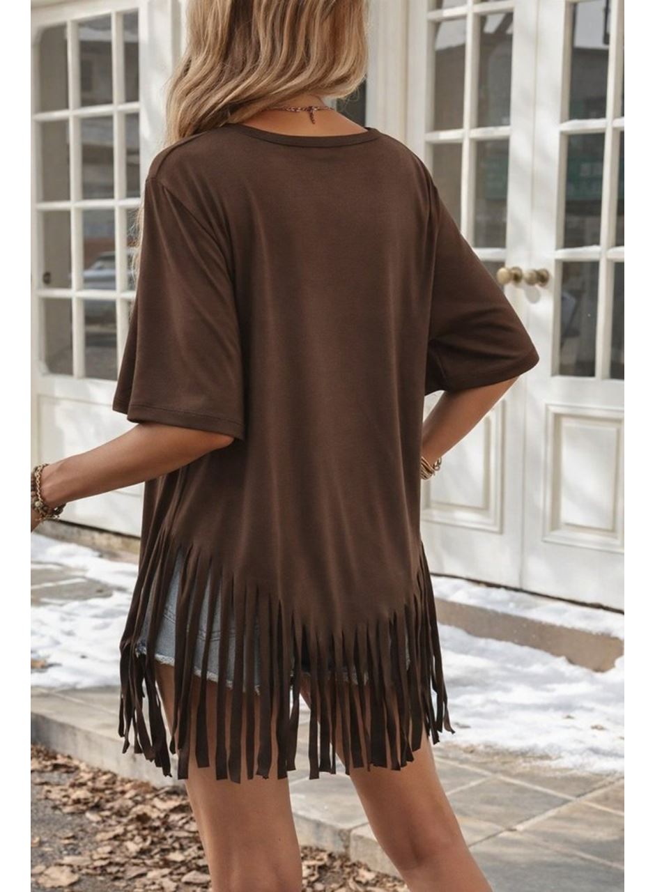 Kadın Kısa Kollu Bisiklet Yaka Püsküllü Viskon Bluz