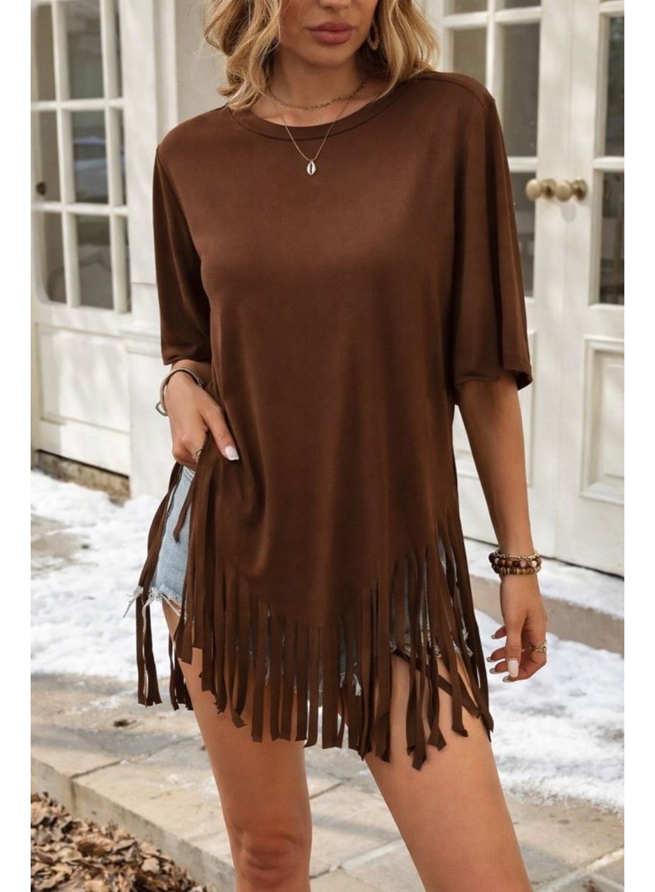 Kadın Kısa Kollu Bisiklet Yaka Püsküllü Viskon Bluz