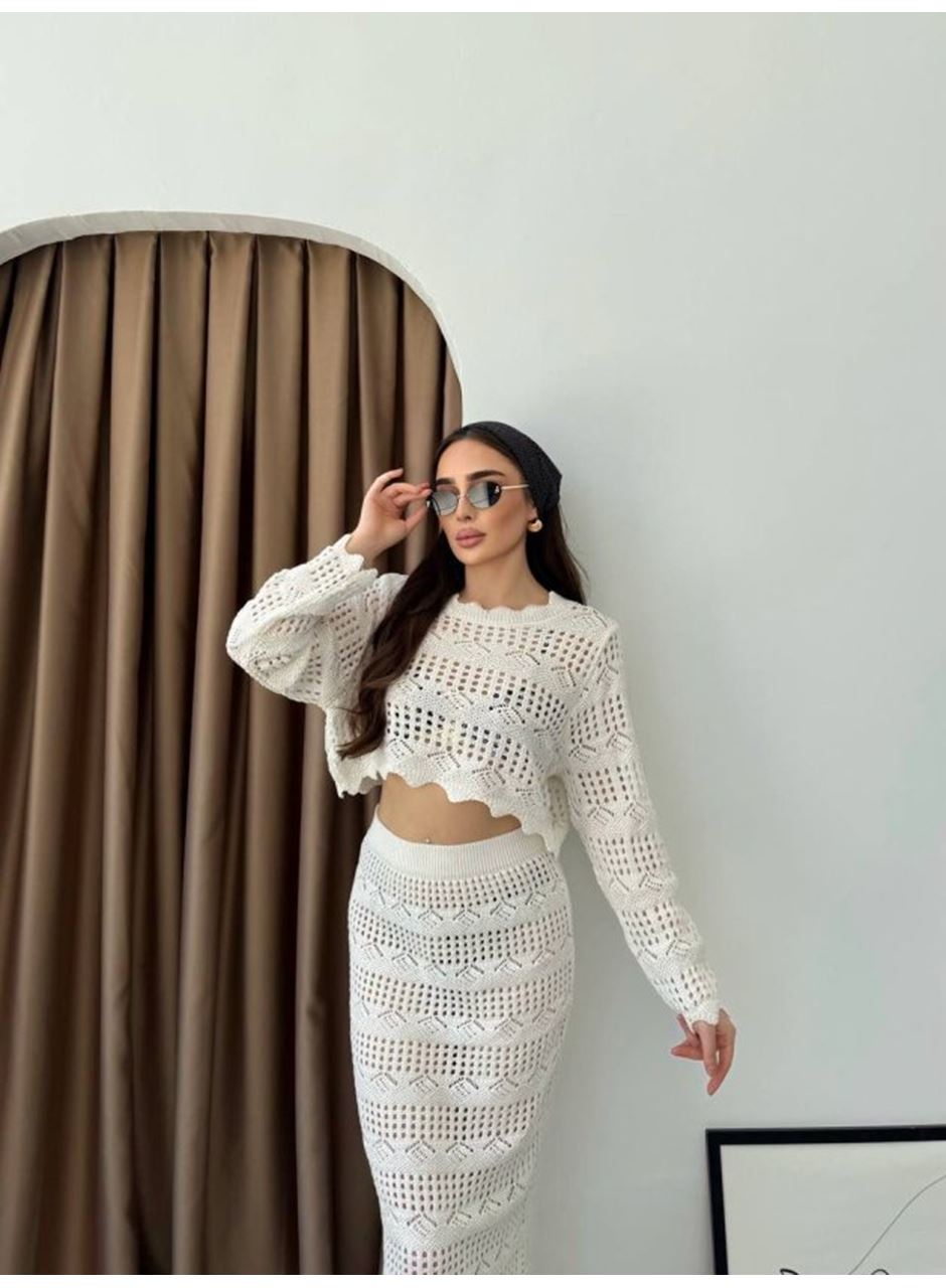 Kadın Uzun Kollu Kuş Gözü Transparan Detay Triko Bluz Ve Maxi Boy Etek Ikili Takım