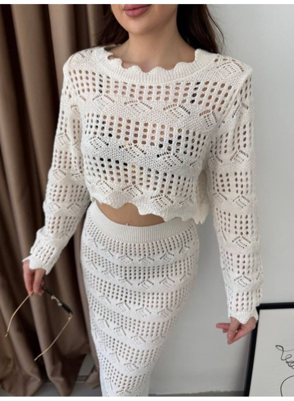 Kadın Uzun Kollu Kuş Gözü Transparan Detay Triko Bluz Ve Maxi Boy Etek Ikili Takım