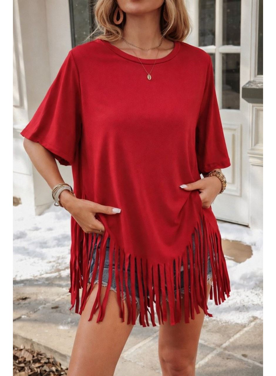 Kadın Kısa Kollu Bisiklet Yaka Püsküllü Viskon Bluz