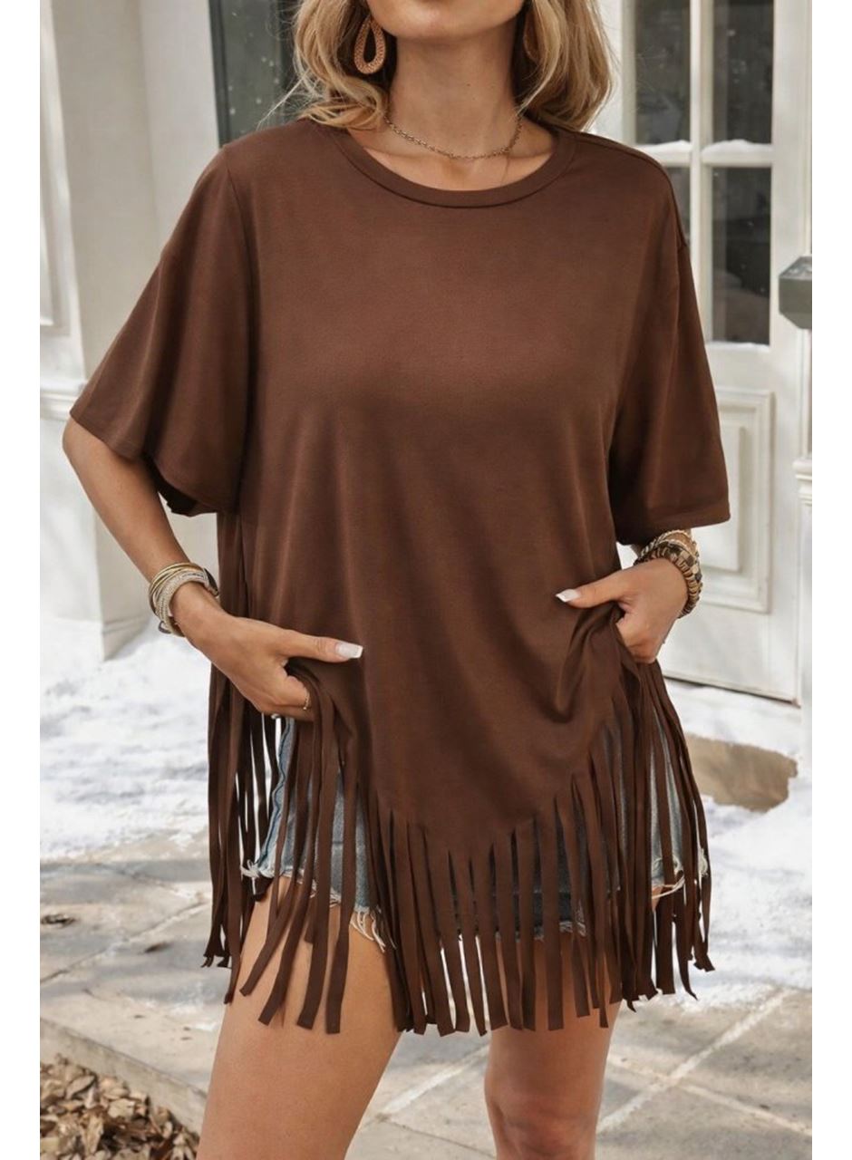 Kadın Kısa Kollu Bisiklet Yaka Püsküllü Viskon Bluz