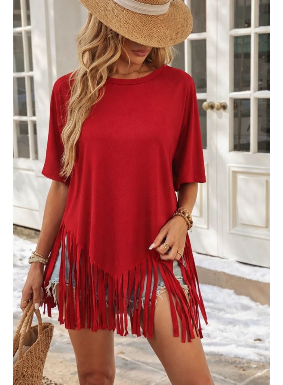 Kadın Kısa Kollu Bisiklet Yaka Püsküllü Viskon Bluz