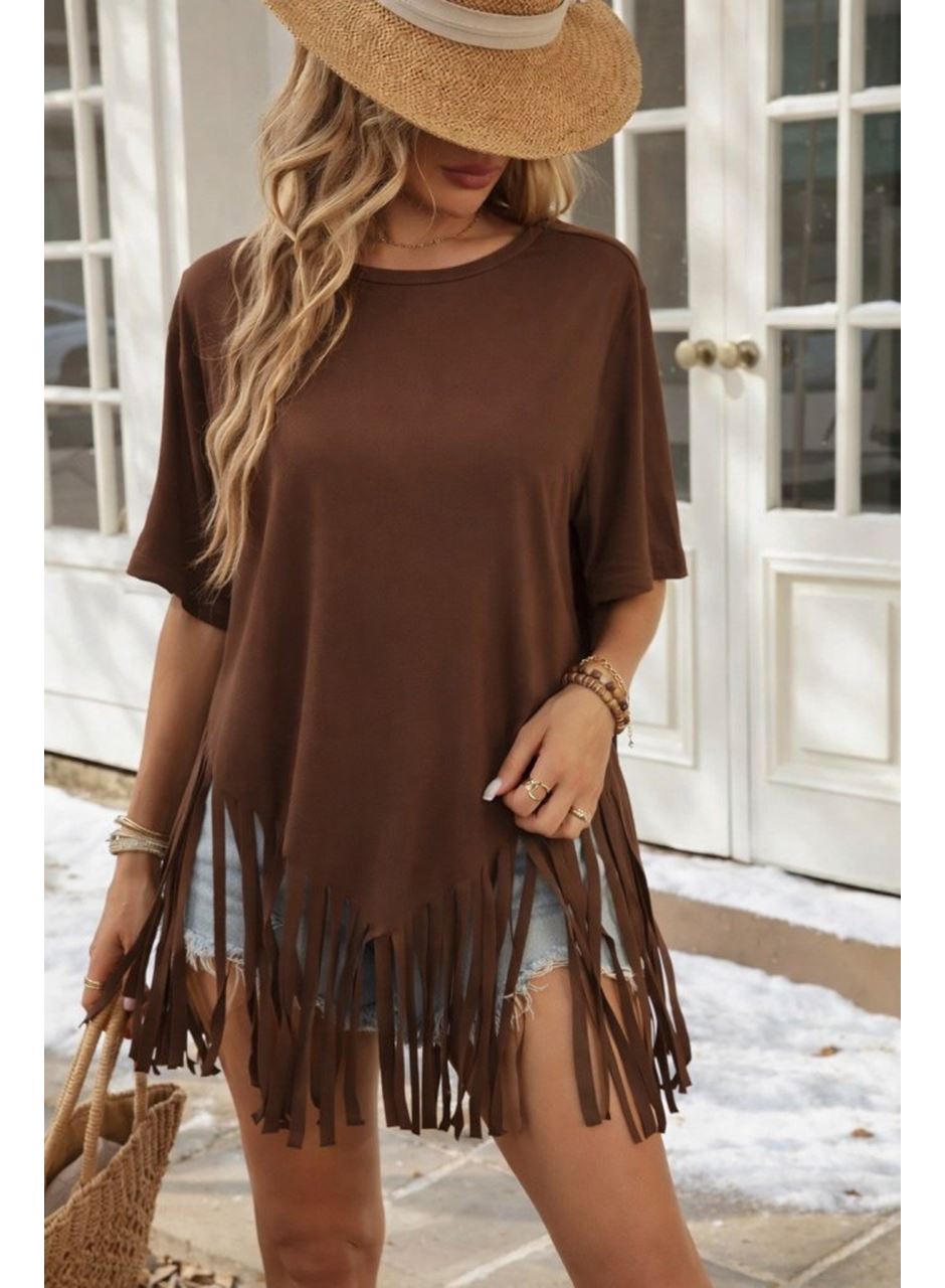 Kadın Kısa Kollu Bisiklet Yaka Püsküllü Viskon Bluz