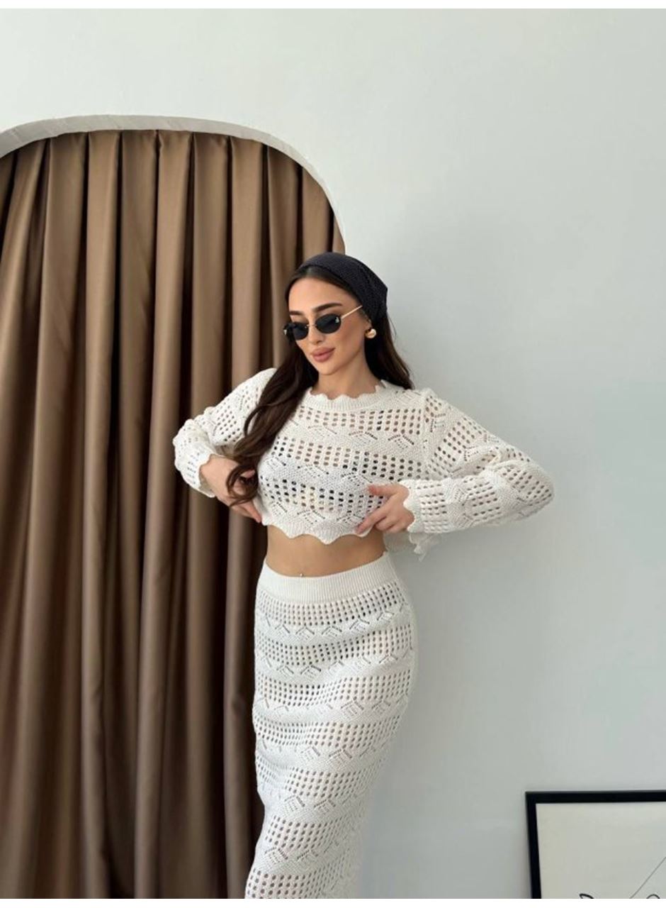 Kadın Uzun Kollu Kuş Gözü Transparan Detay Triko Bluz Ve Maxi Boy Etek Ikili Takım