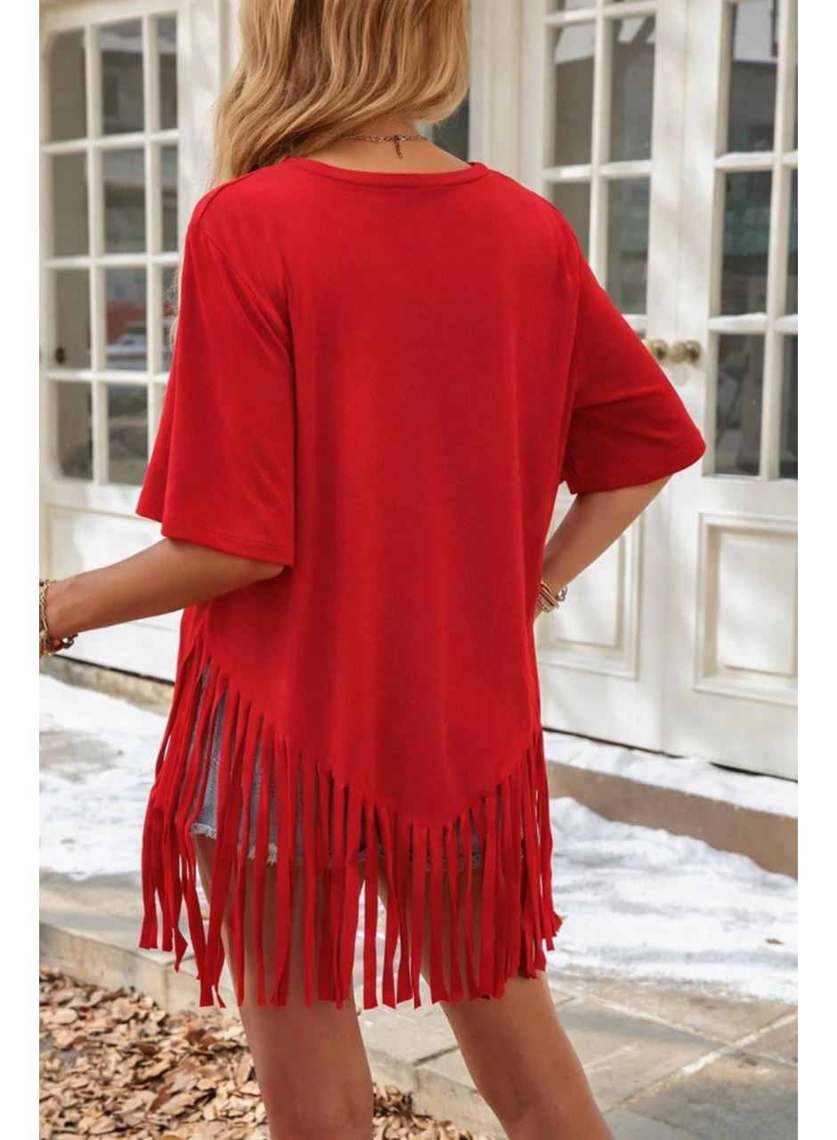 Kadın Kısa Kollu Bisiklet Yaka Püsküllü Viskon Bluz