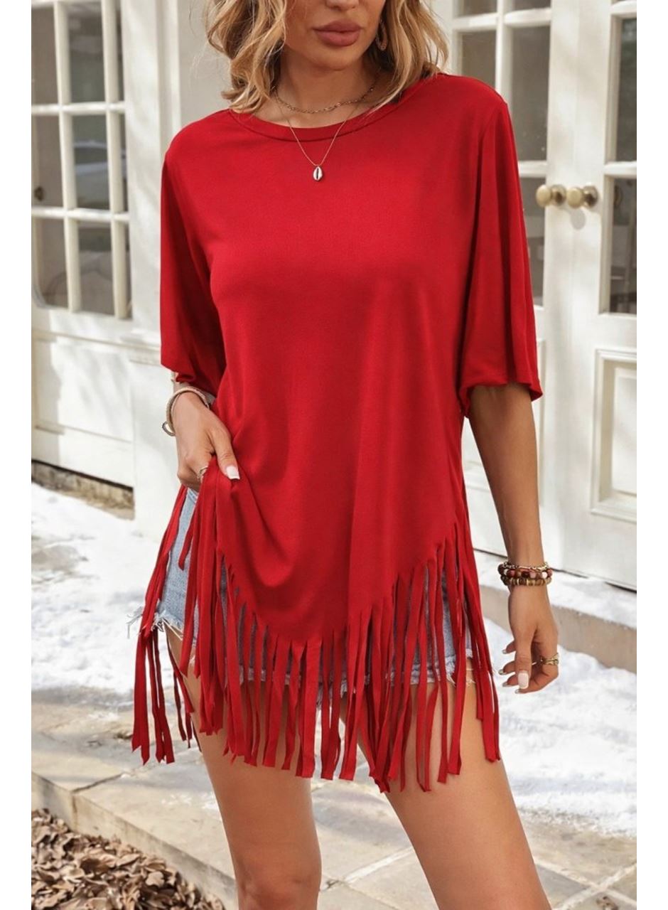 Kadın Kısa Kollu Bisiklet Yaka Püsküllü Viskon Bluz