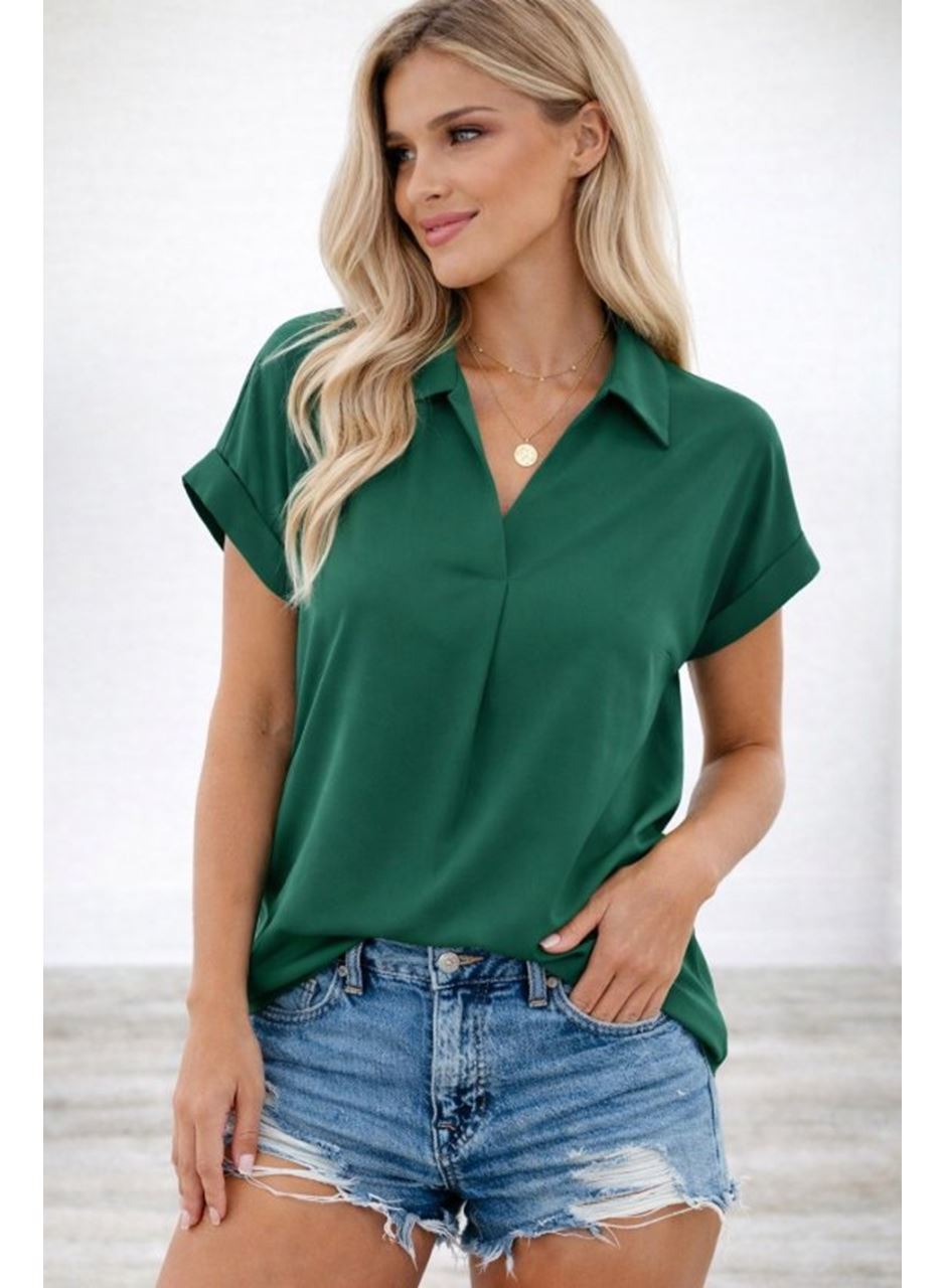 Kadın Kısa Kollu Yakalı Dokuma Viskon Bluz