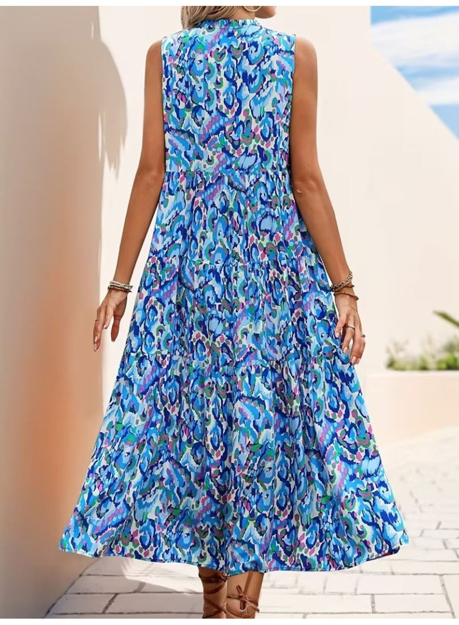 Kadın Askılı Yakası Fırfırlı Bağcıklı Desenli Uzun Süprem Elbise