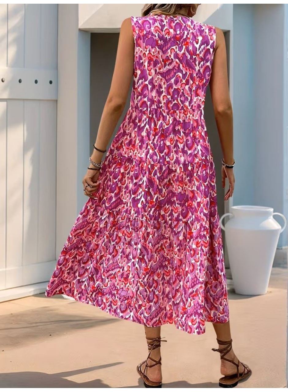 Kadın Askılı Yakası Fırfırlı Bağcıklı Desenli Uzun Süprem Elbise