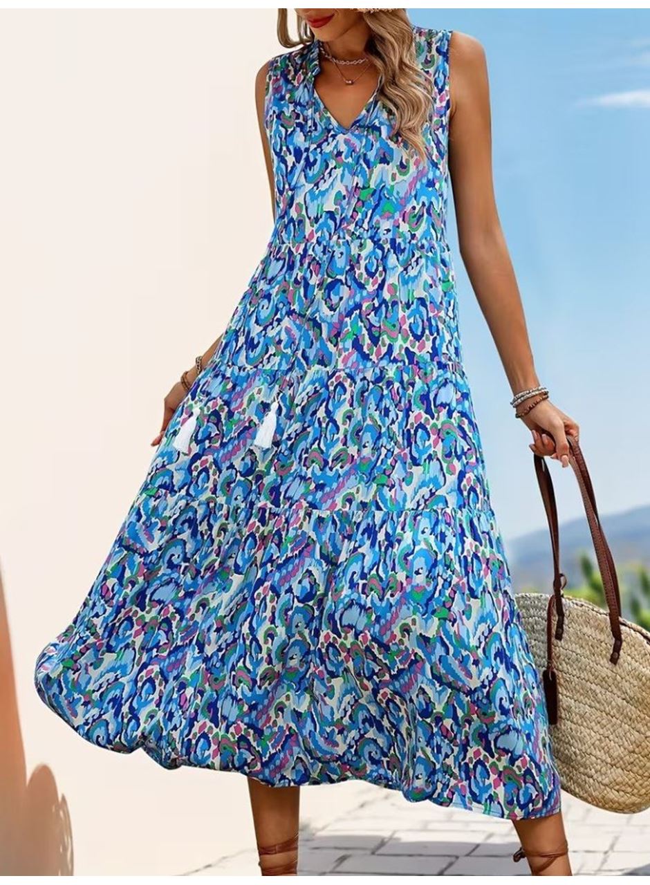 Kadın Askılı Yakası Fırfırlı Bağcıklı Desenli Uzun Süprem Elbise