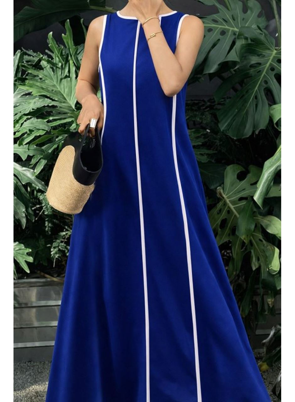 Kadın Omuzlardan Açık Yaka Ince şerit Detaylı Uzun Viskon Elbise