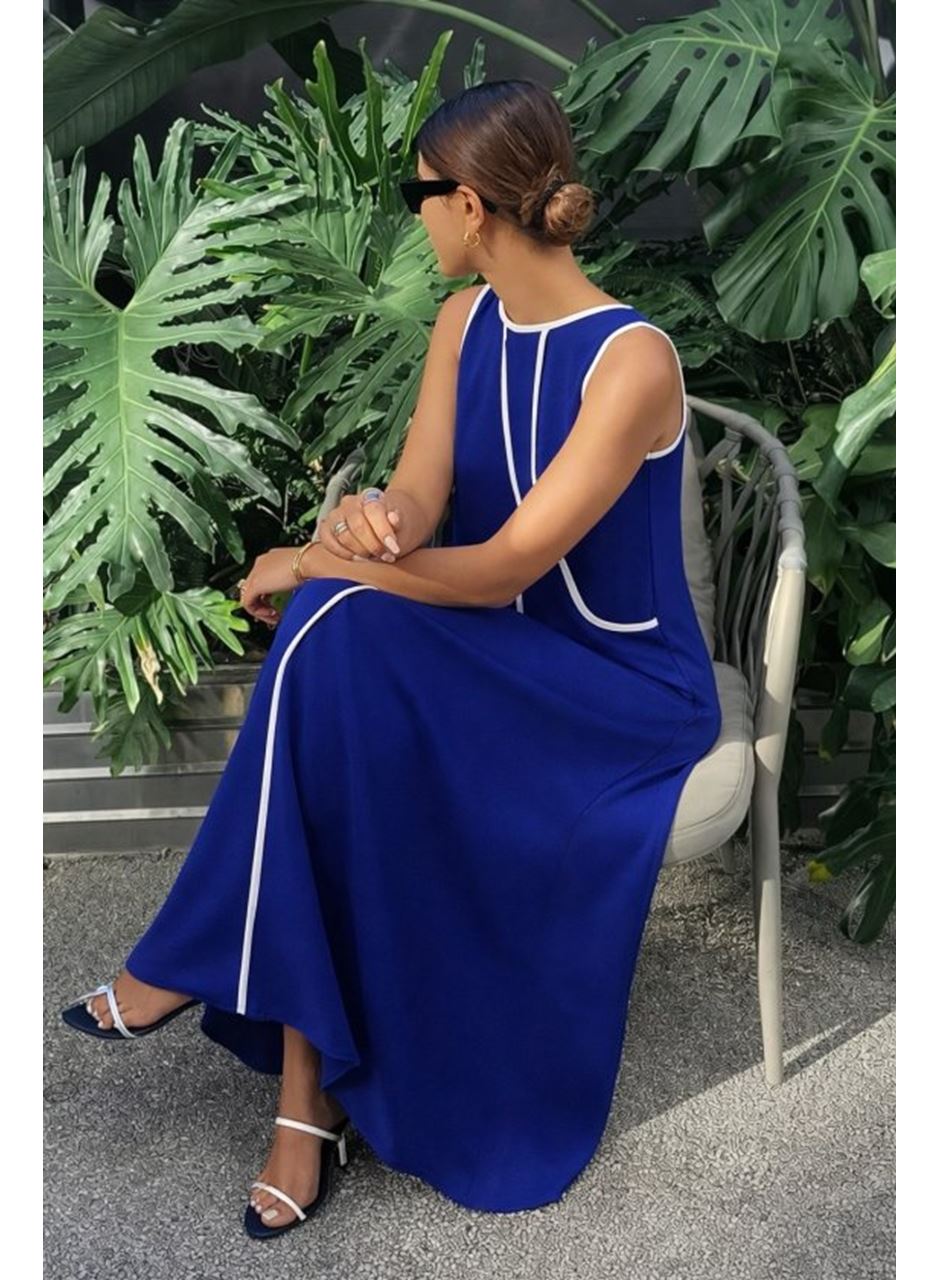 Kadın Omuzlardan Açık Yaka Ince şerit Detaylı Uzun Viskon Elbise